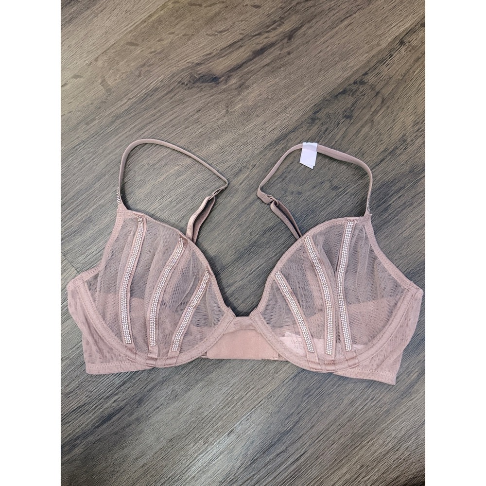Victorias Secret Unlined Mesh Shine Strap Bra Rhinestone 32B Romantic Coquette